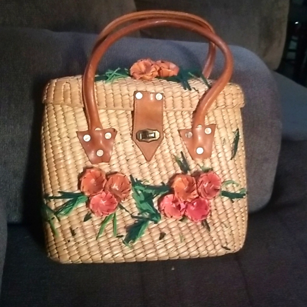 *Vintage* Feminine Woven Travel Bag w/Floral Detail Yarn Mexico OS 1950s 1960s